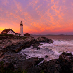 sunset at Portland Head Light lighthouse.